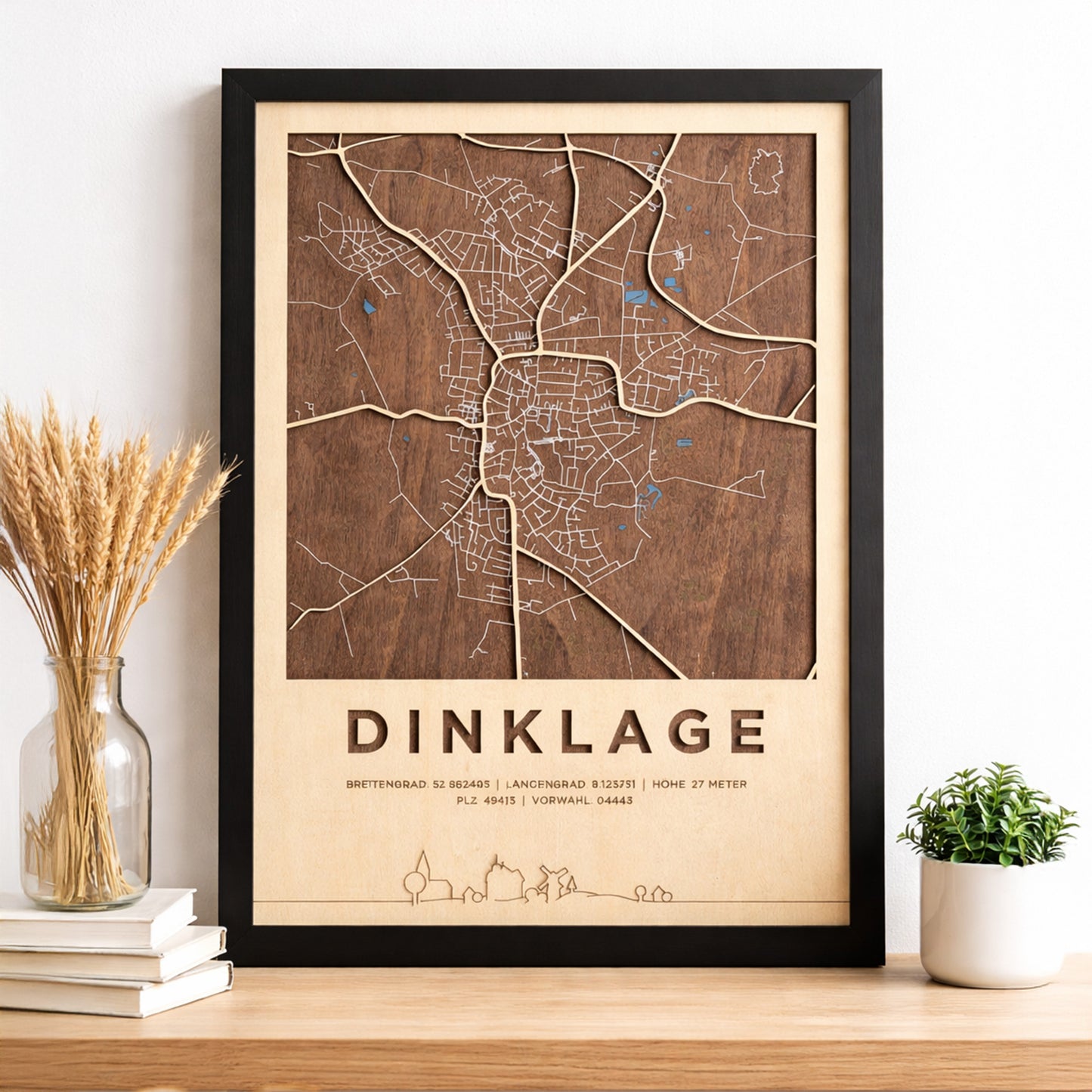 Stadtkarte Dinklage aus Holz – Lasergravur im Rahmen (DIN A3)
