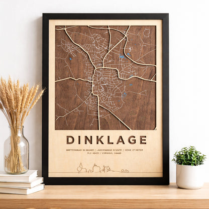 Stadtkarte Dinklage aus Holz – Lasergravur im Rahmen (DIN A3)