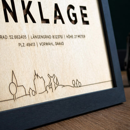 Stadtkarte Dinklage aus Holz – Lasergravur im Rahmen (DIN A3)